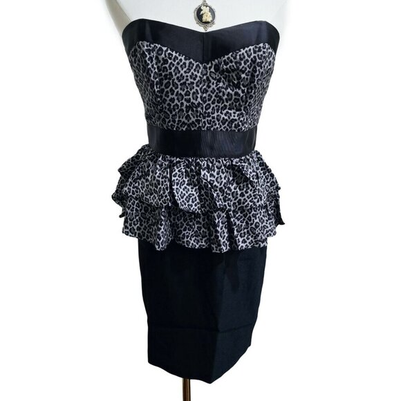 Betsey Johnson ✦ Strapless Leopard Peplum Dress ✦ Black Silk Blend Size 6 NWOT - Picture 2 of 16